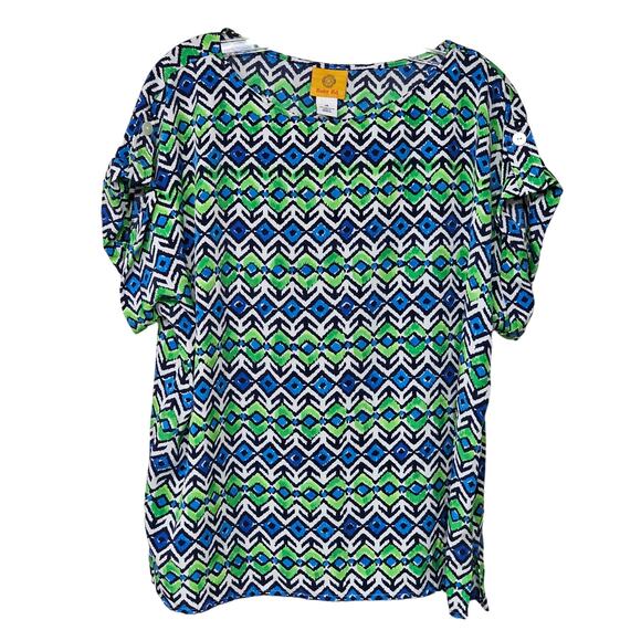 Ruby Rd. Ikat Tropical Semi Sheer Blouse Sz M Colorful Aztec - Picture 1 of 7